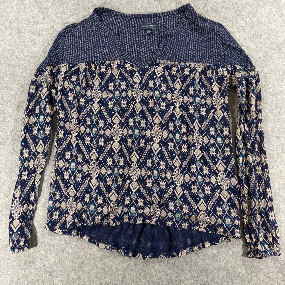 Lucky Brand Womens Small Blue Geometric Ikat Print Split V-Neck Blouse Top